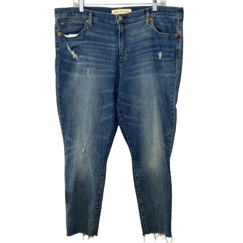 Gap True Skinny Ankle distressed denim jeans raw hem women’s 34 R medium indigo